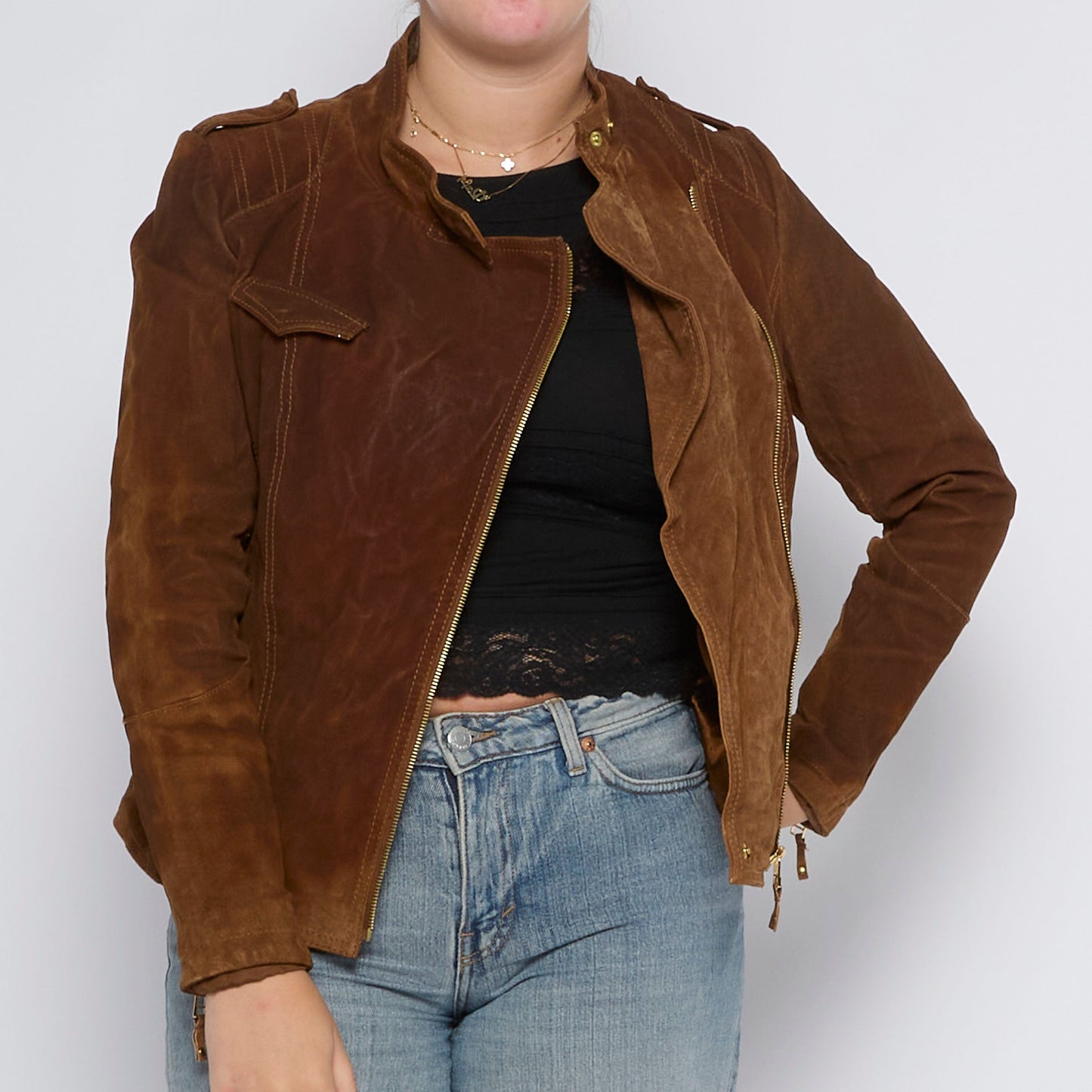 Biker Style Suede Zip Up Jacket - UK 8