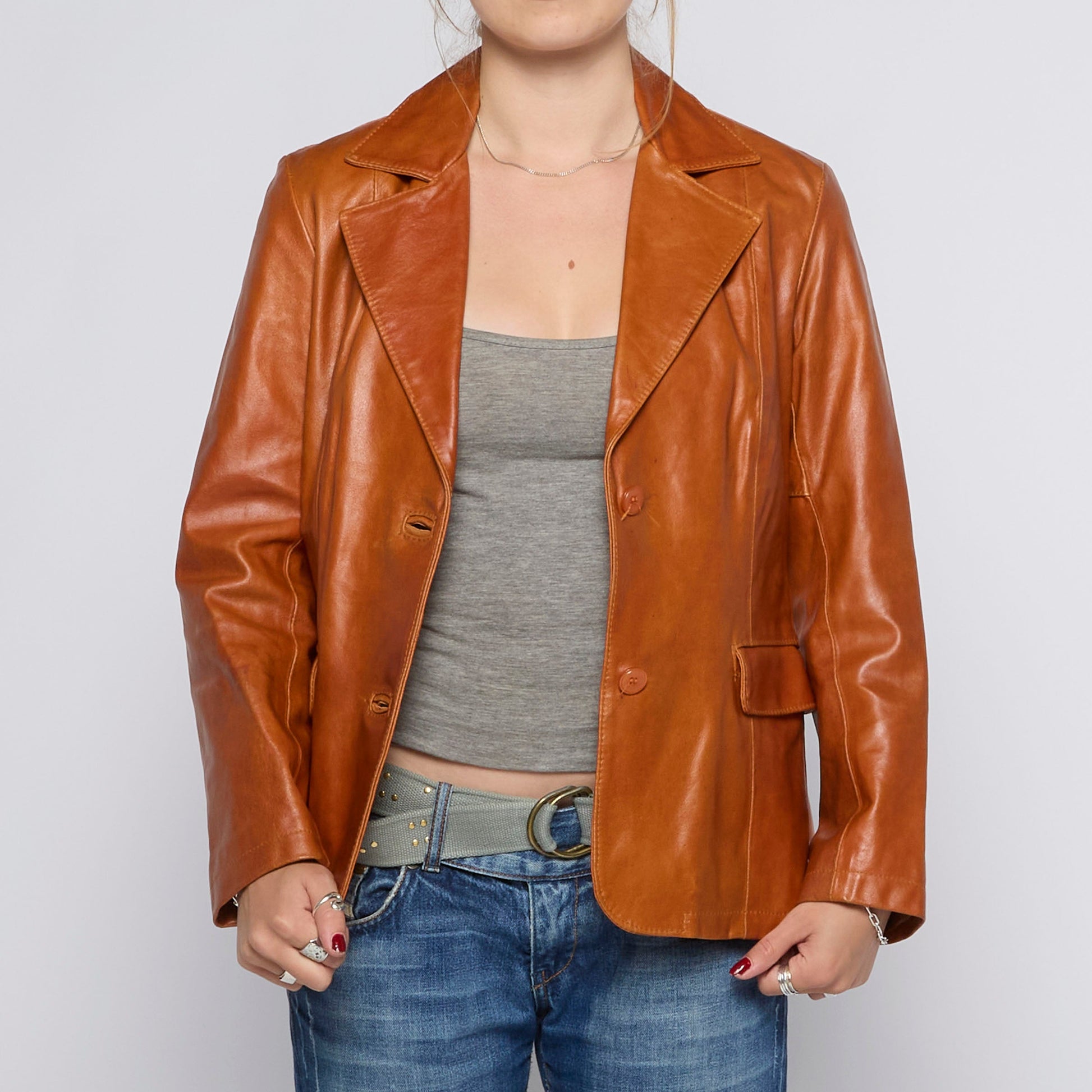 Double Breasted Buttoned Leather Jacket - UK 8