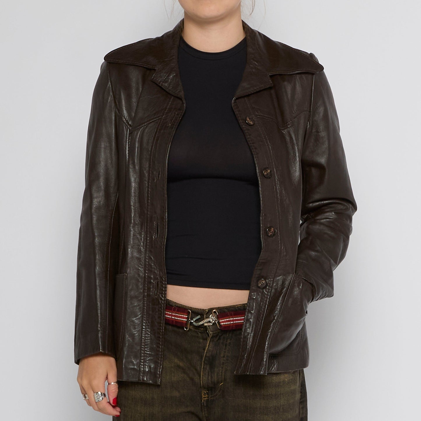 Collared Button Up Leather Jacket - UK 8