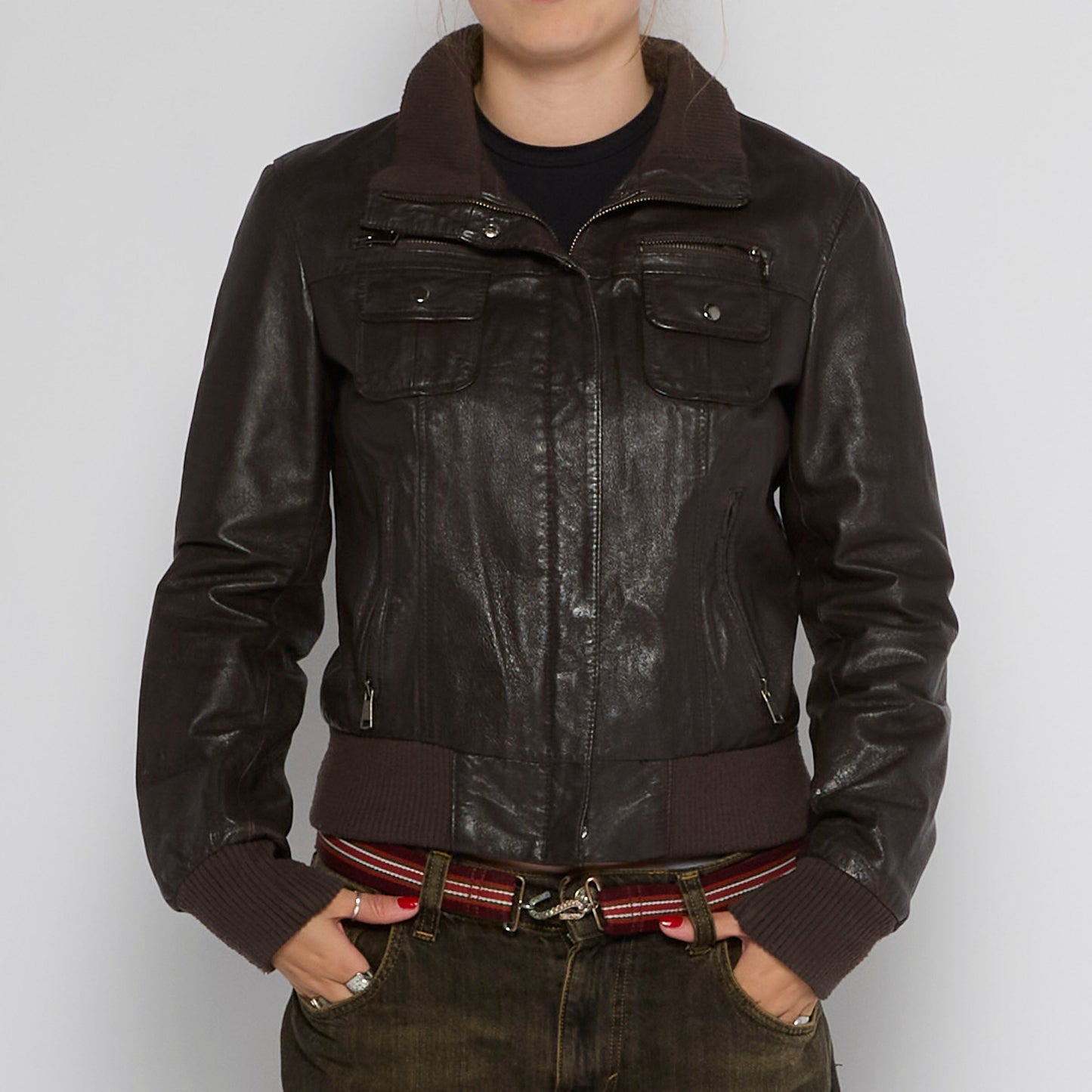 Cropped Full Zip Leather Jacket - UK 8