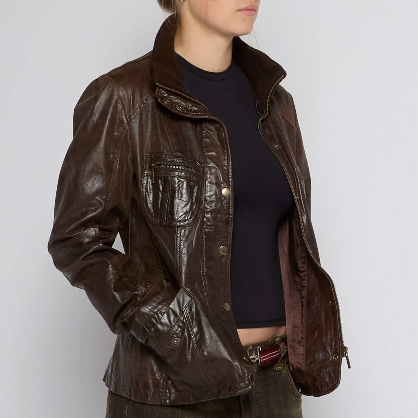 Patch Pockets Full Zip Leather Jacket - UK 8