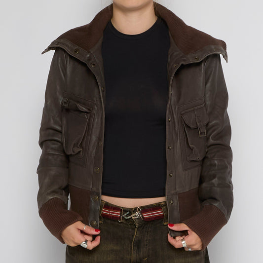 Cropped Turtleneck Leather Jacket - UK 8