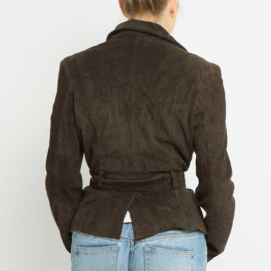 Belted Waist Button Up Suede Blazer - UK 8