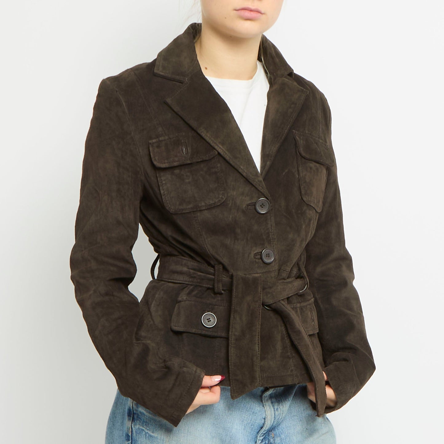 Belted Waist Button Up Suede Blazer - UK 8