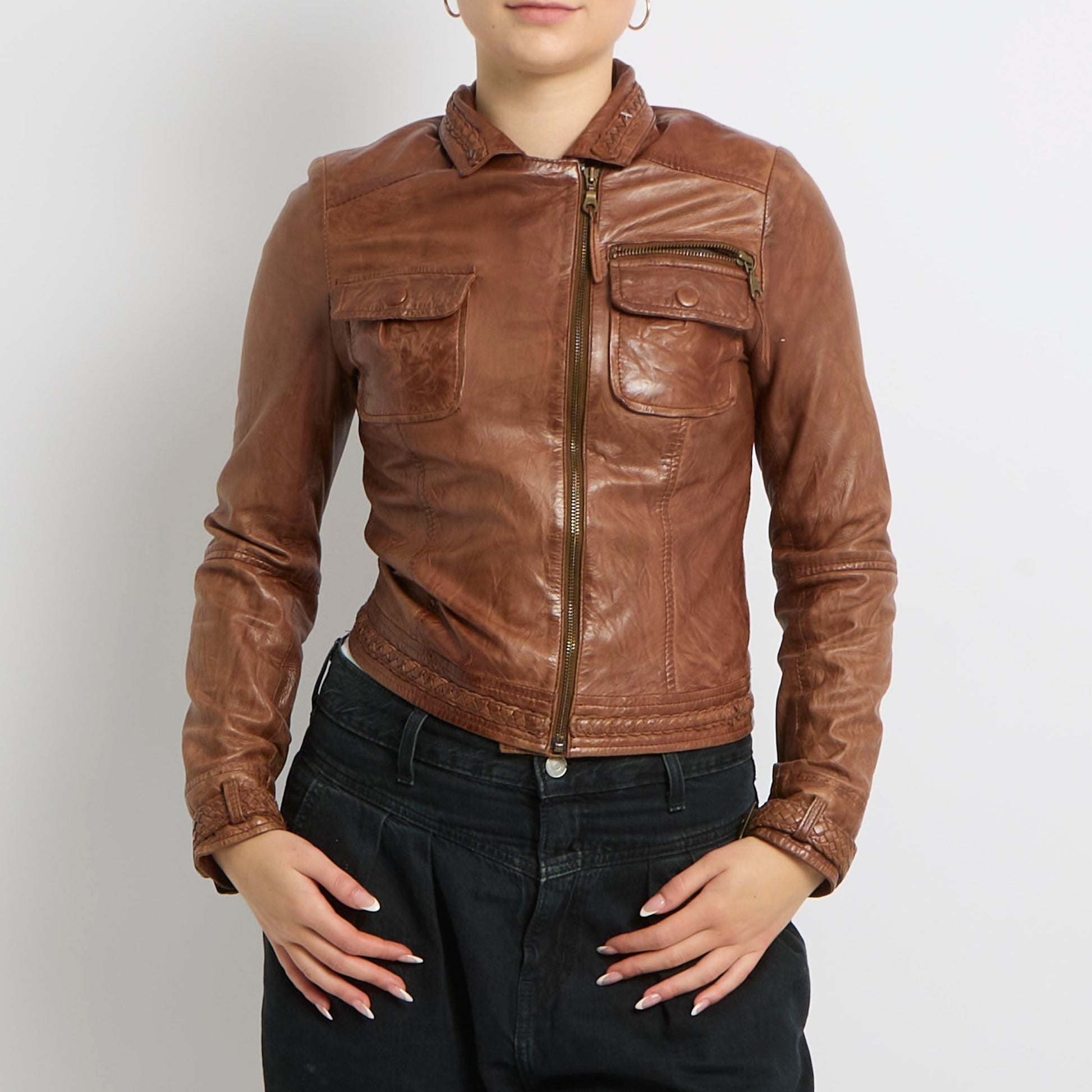 Cropped Buckle Detail Faux Jacket Leather - UK 8