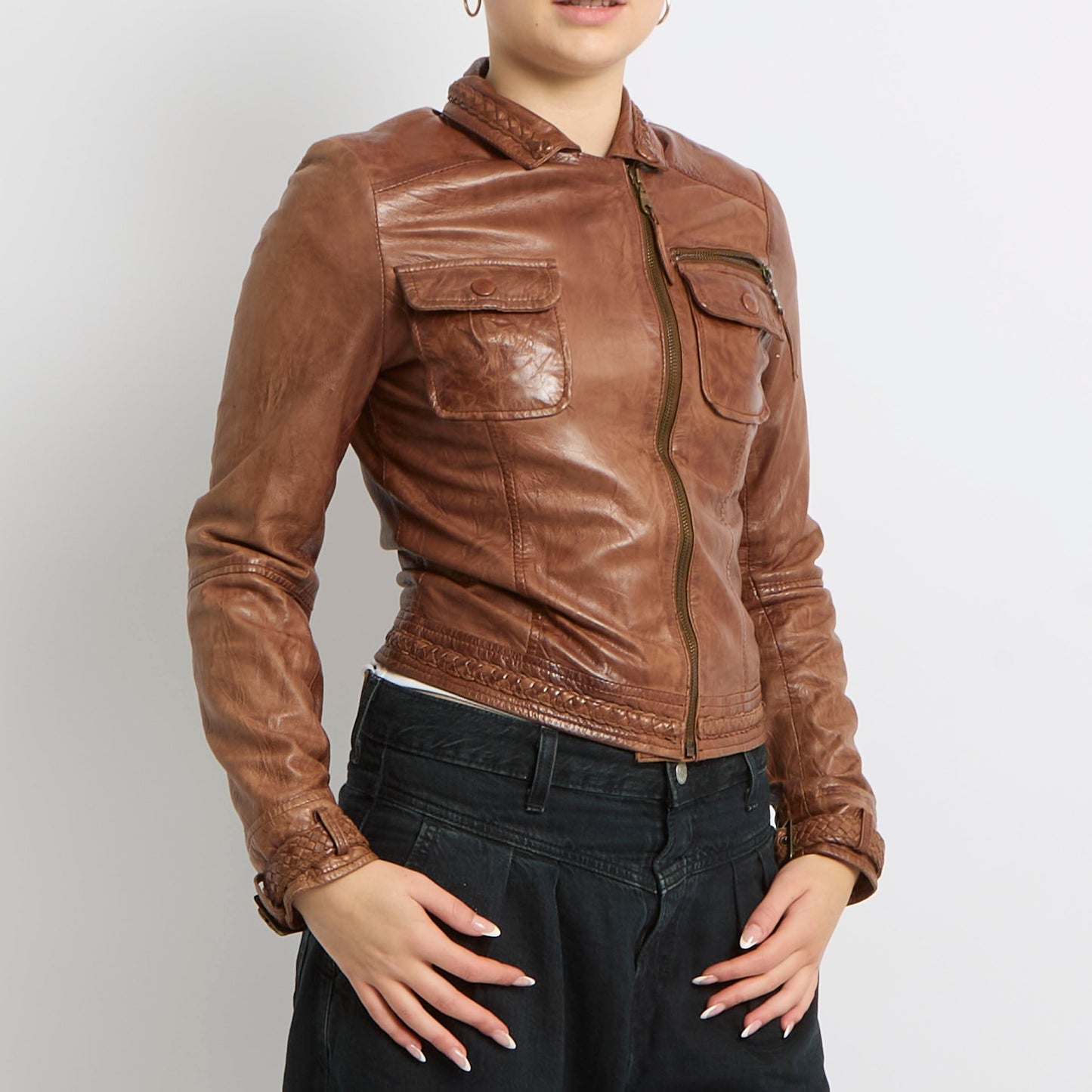 Cropped Buckle Detail Faux Jacket Leather - UK 8