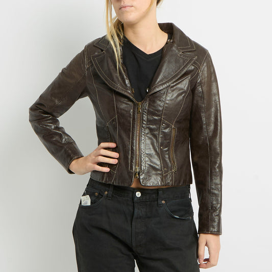 Studded Cropped Leather Jacket - UK 8