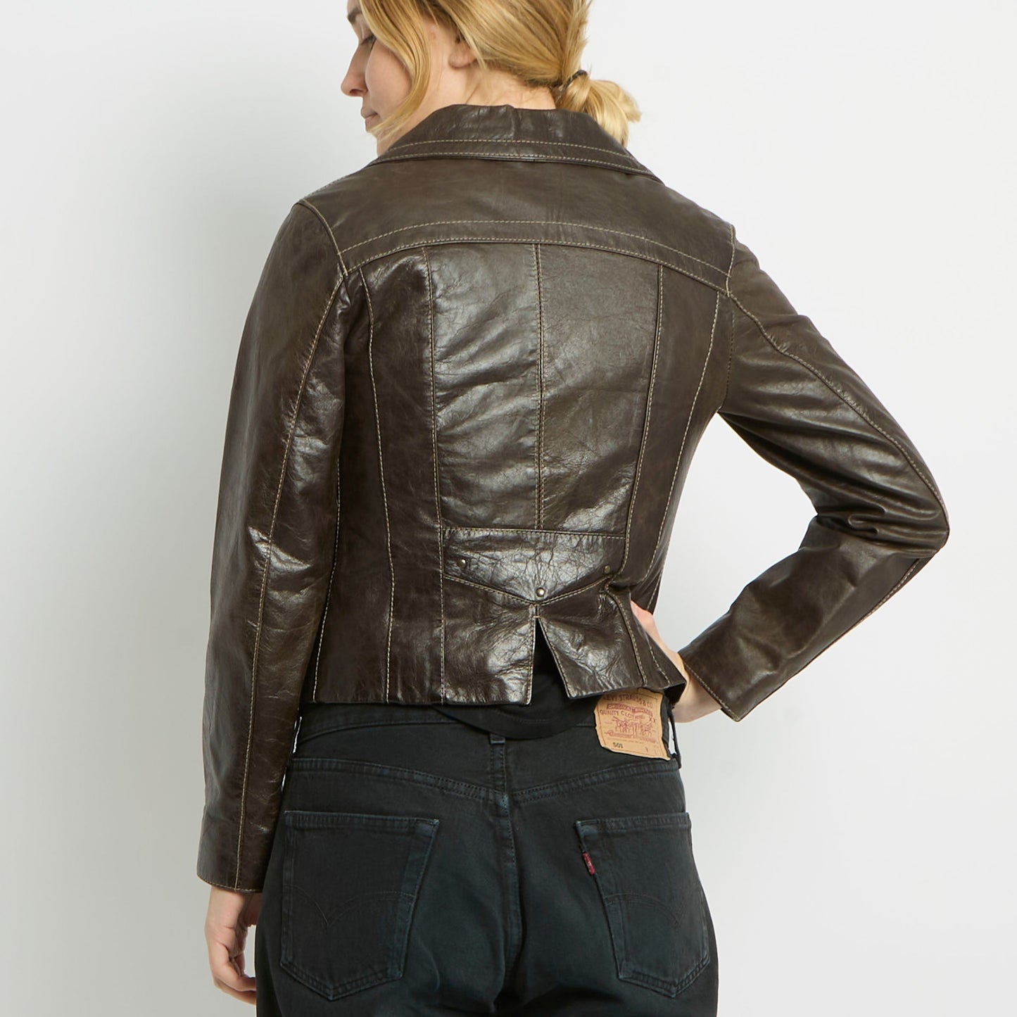 Studded Cropped Leather Jacket - UK 8