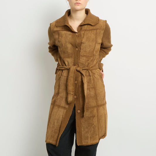 Suede Ribbed Knit Trench Coat - UK 8