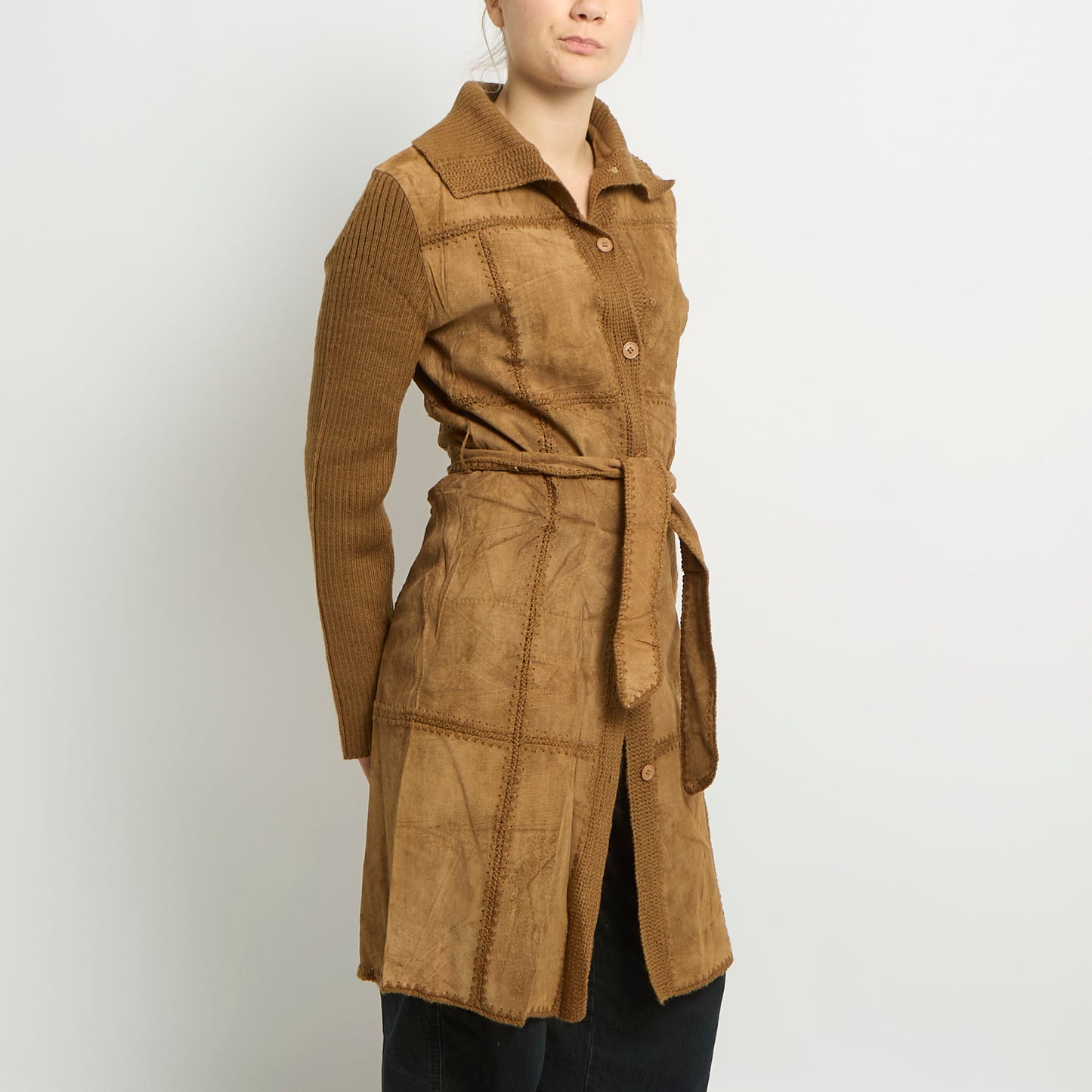 Suede Ribbed Knit Trench Coat - UK 8