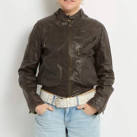 Duo Zip Leather Fitted Jacket - UK 8