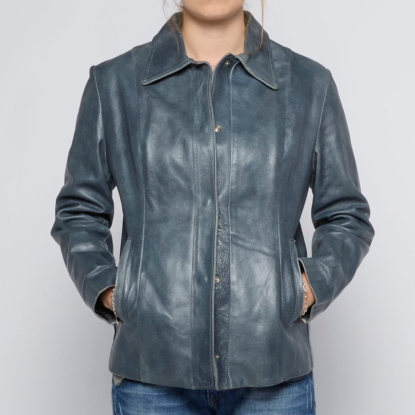 Collared Popper Button Leather Jacket - UK 8