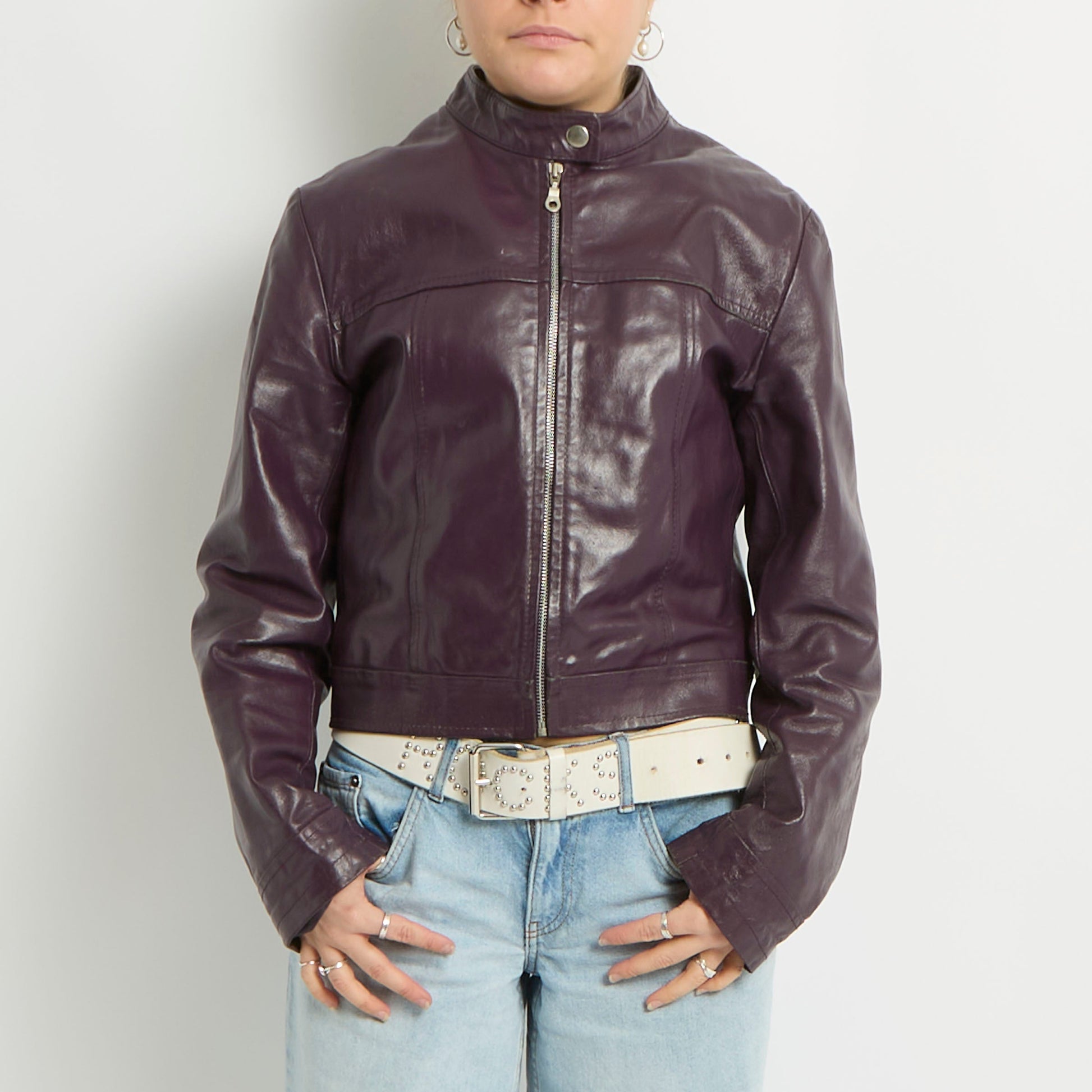 Cropped Leather Biker Jacket - UK 8