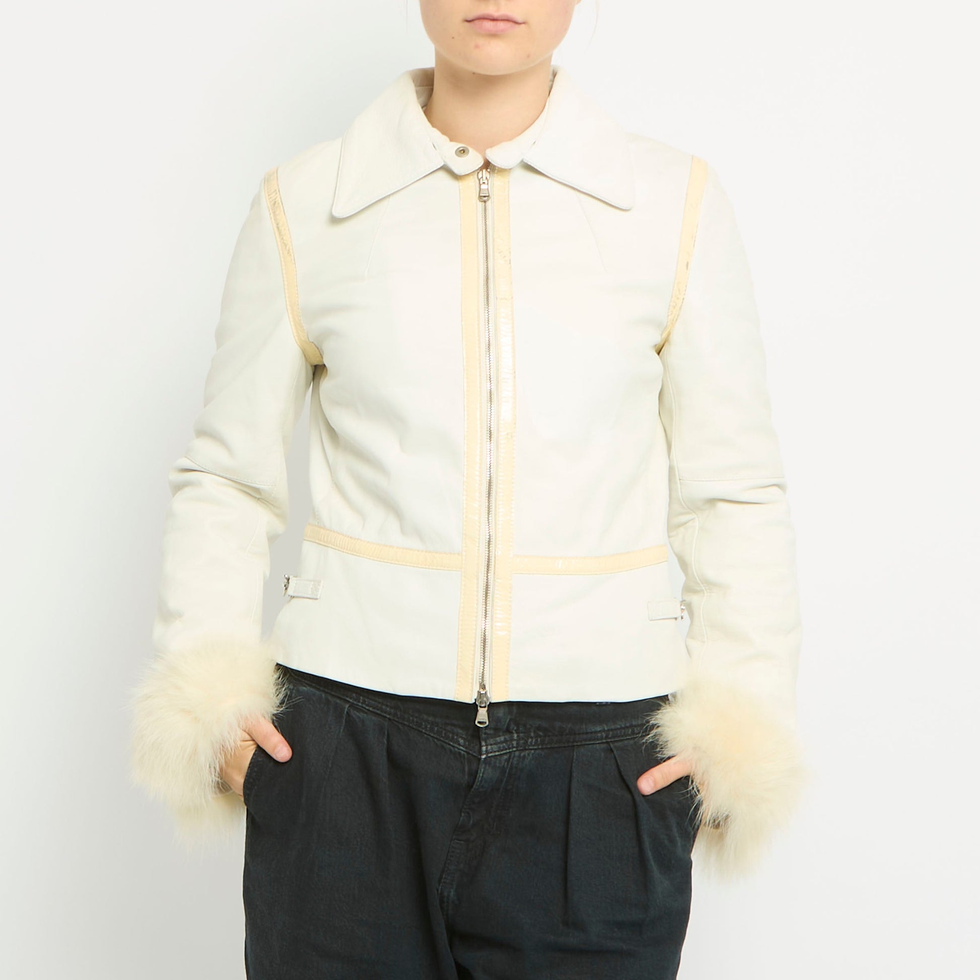 Faux Leather Duo Zip Fur Cuffs Jacket- UK 8