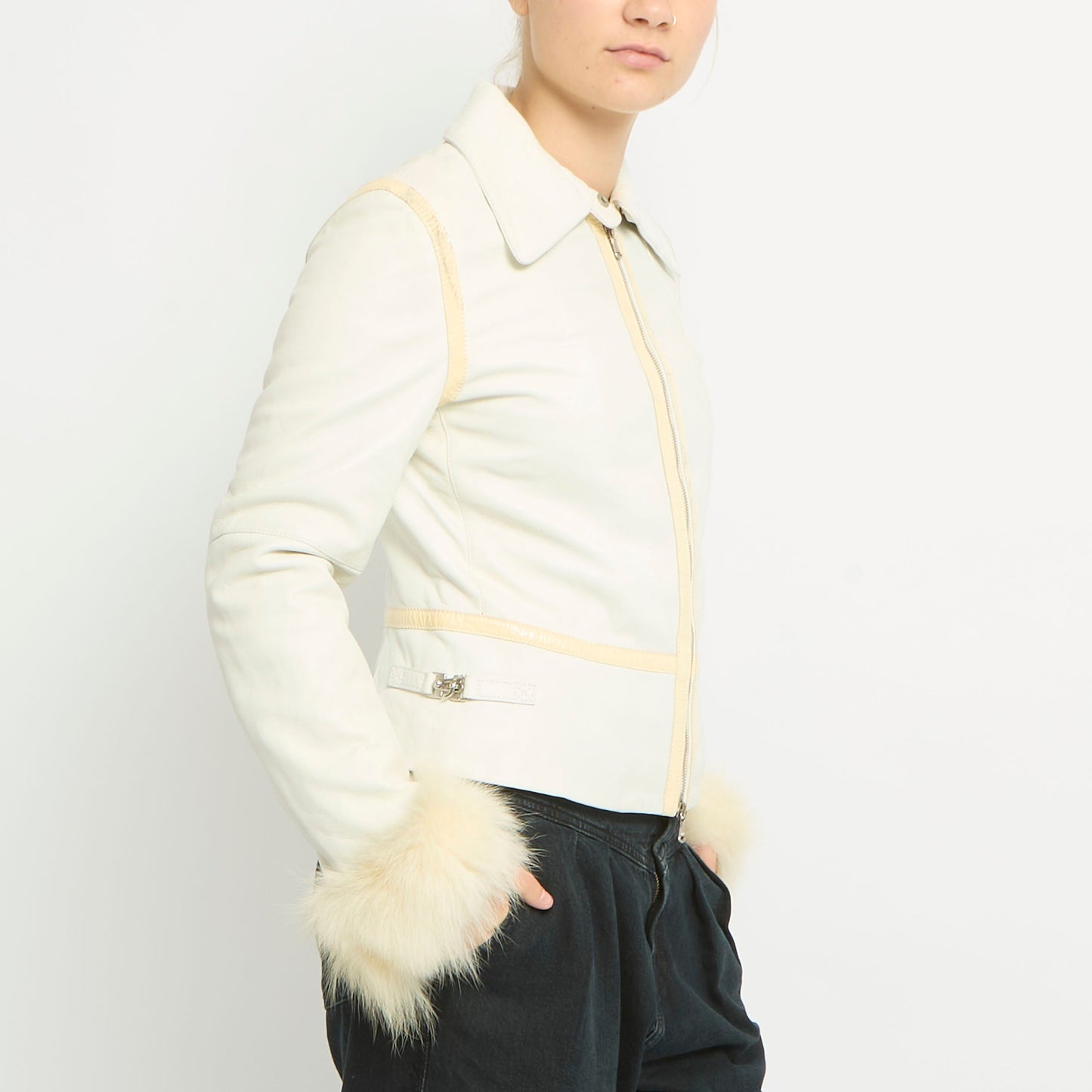 Faux Leather Duo Zip Fur Cuffs Jacket- UK 8