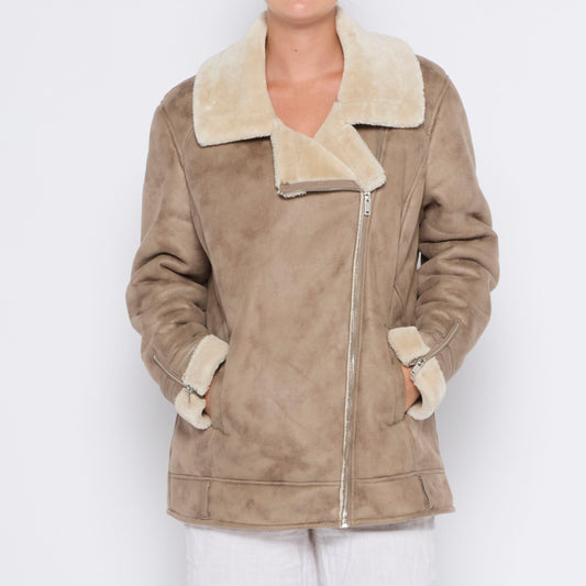 Fur Lined Full Zip Suede Jacket - L