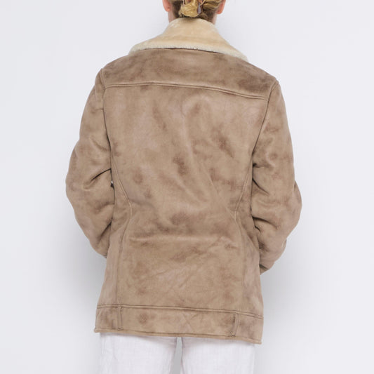 Fur Lined Full Zip Faux Suede Jacket - L