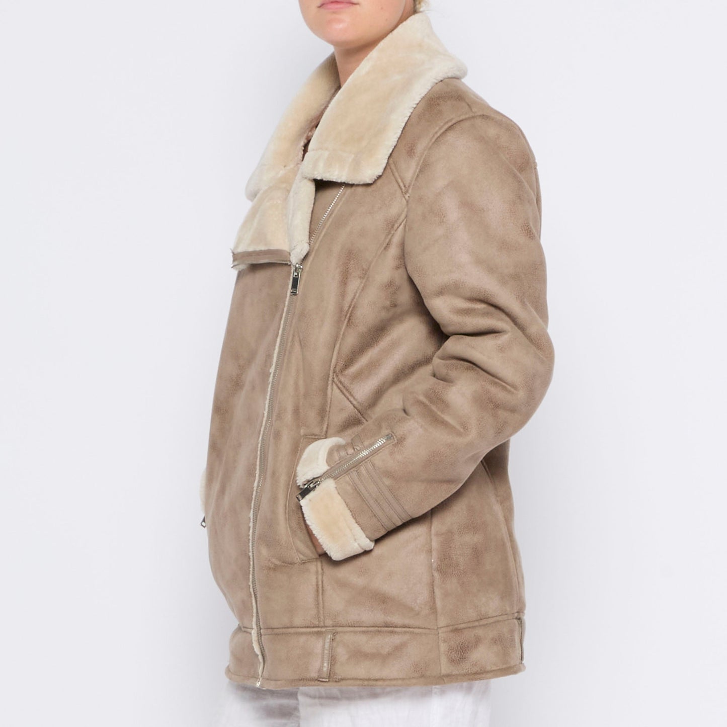 Fur Lined Full Zip Faux Suede Jacket - L