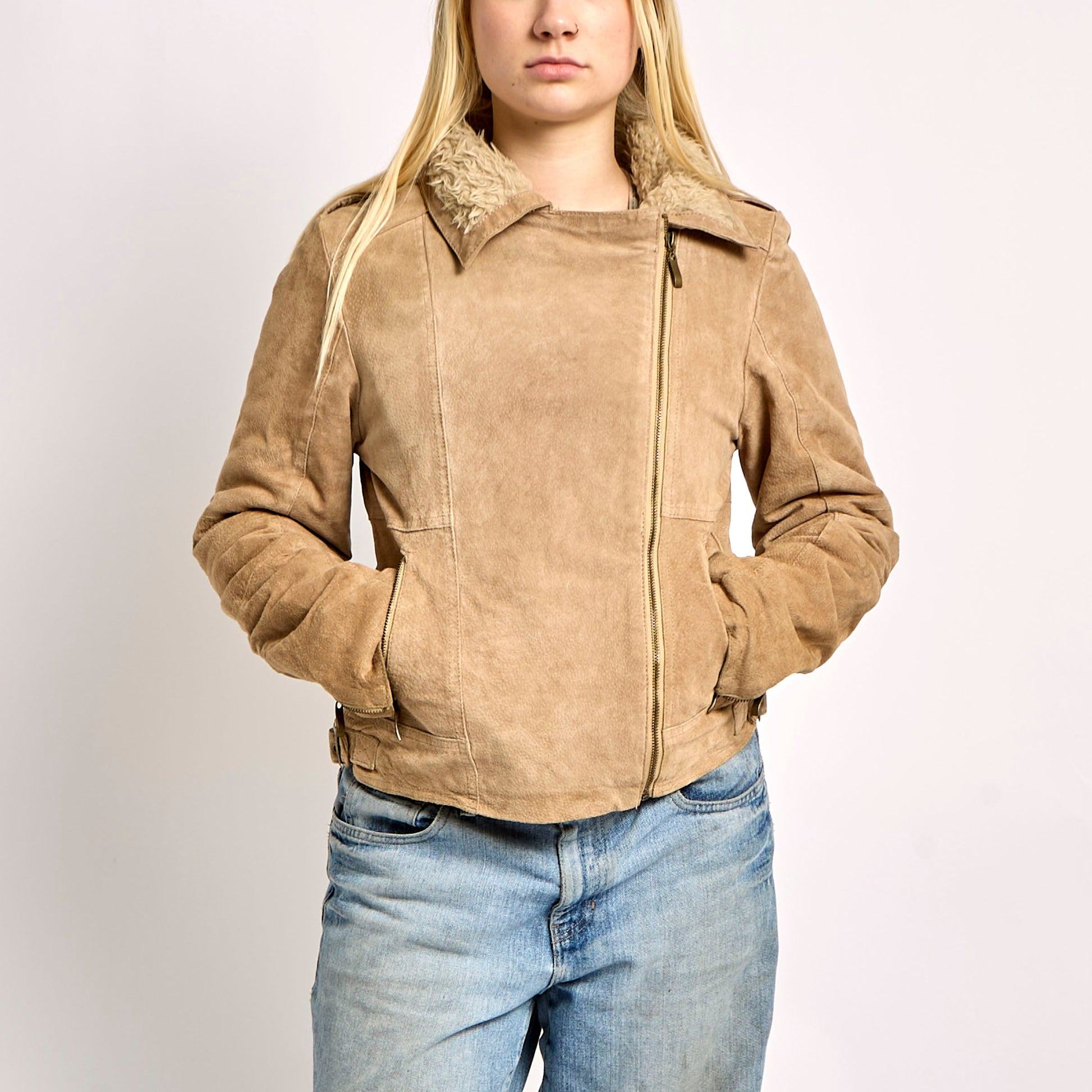 Asymmetric Zipped Fur Lined Suede Jacket - L