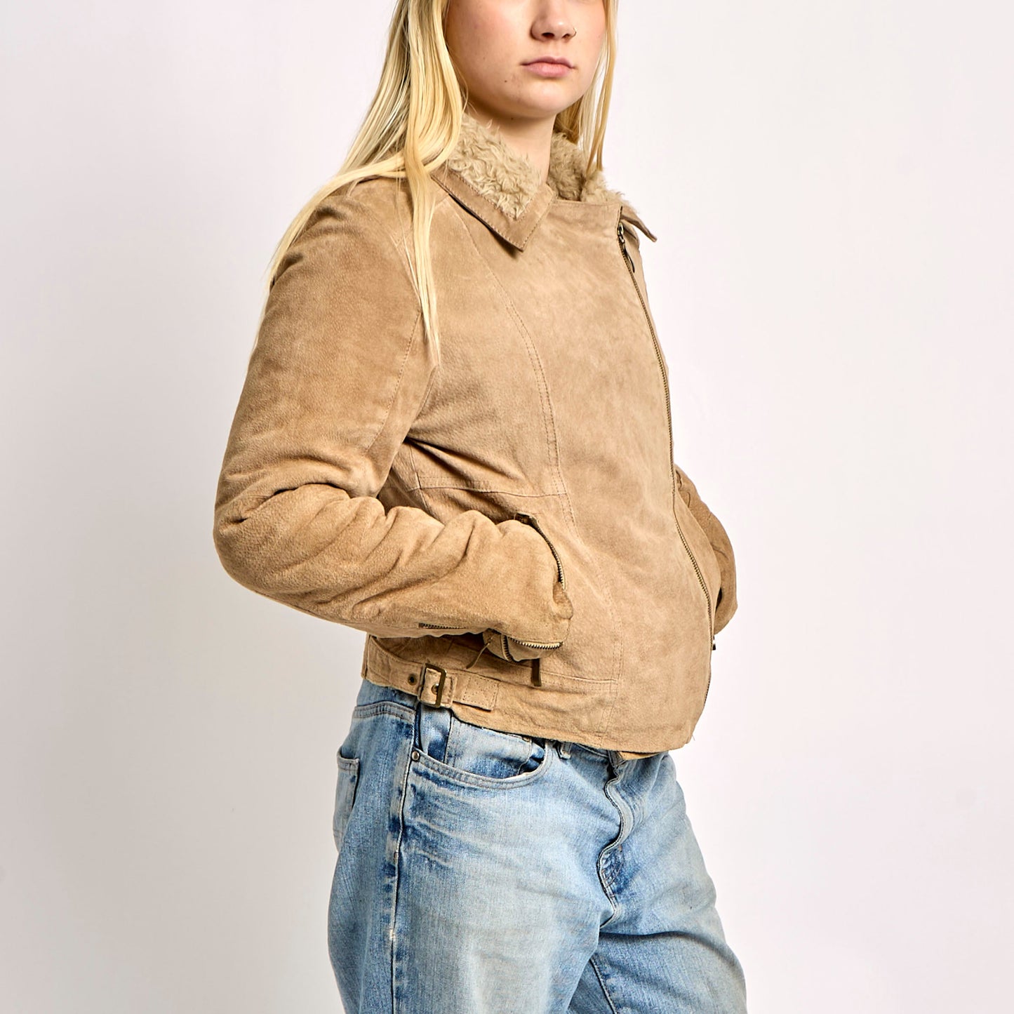 Asymmetric Zipped Fur Lined Suede Jacket - L