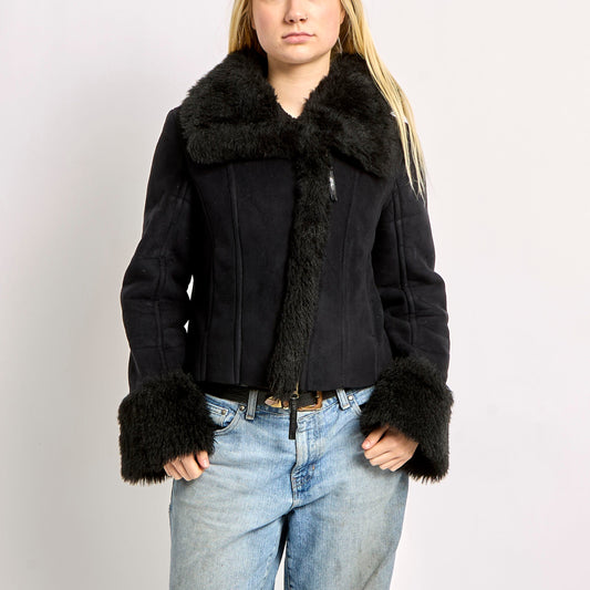 Fur Trimmed Jacket With Front Pockets - L