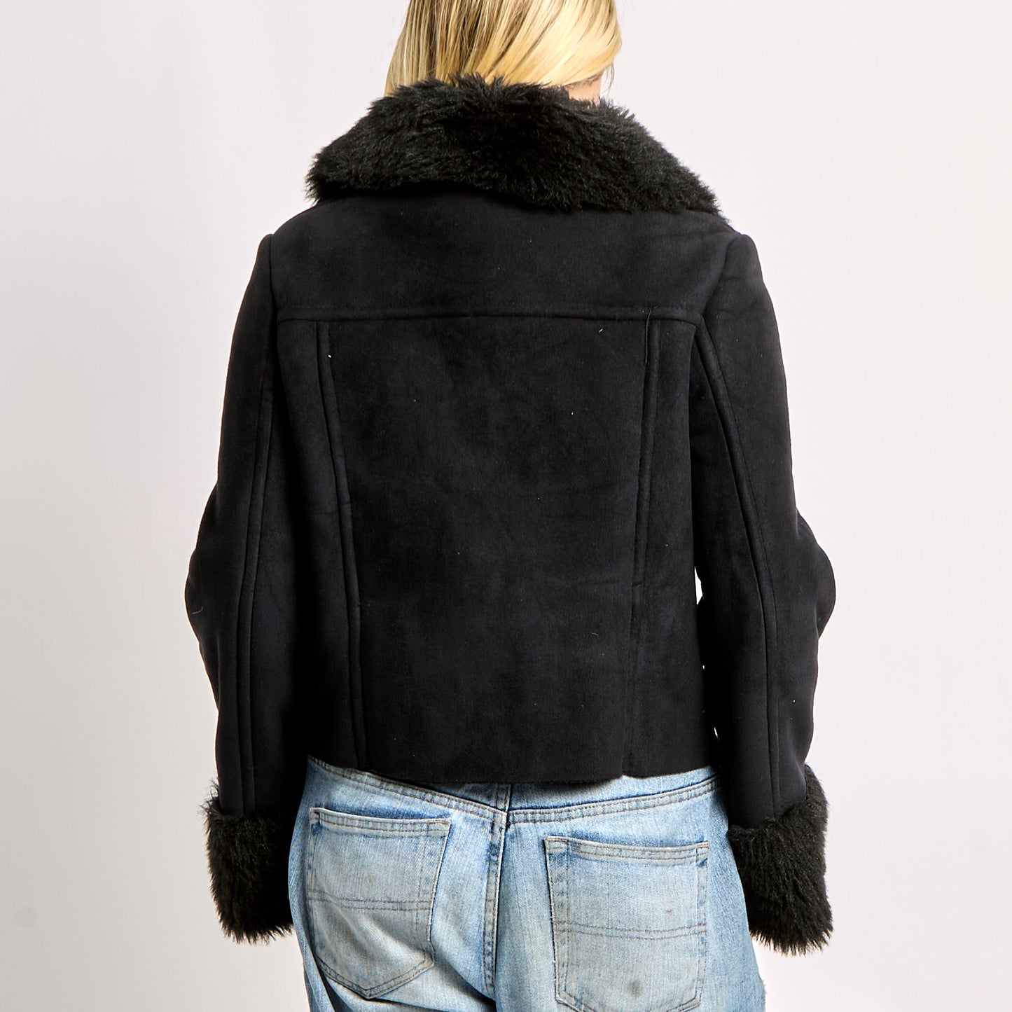 Fur Trimmed Jacket With Front Pockets - L