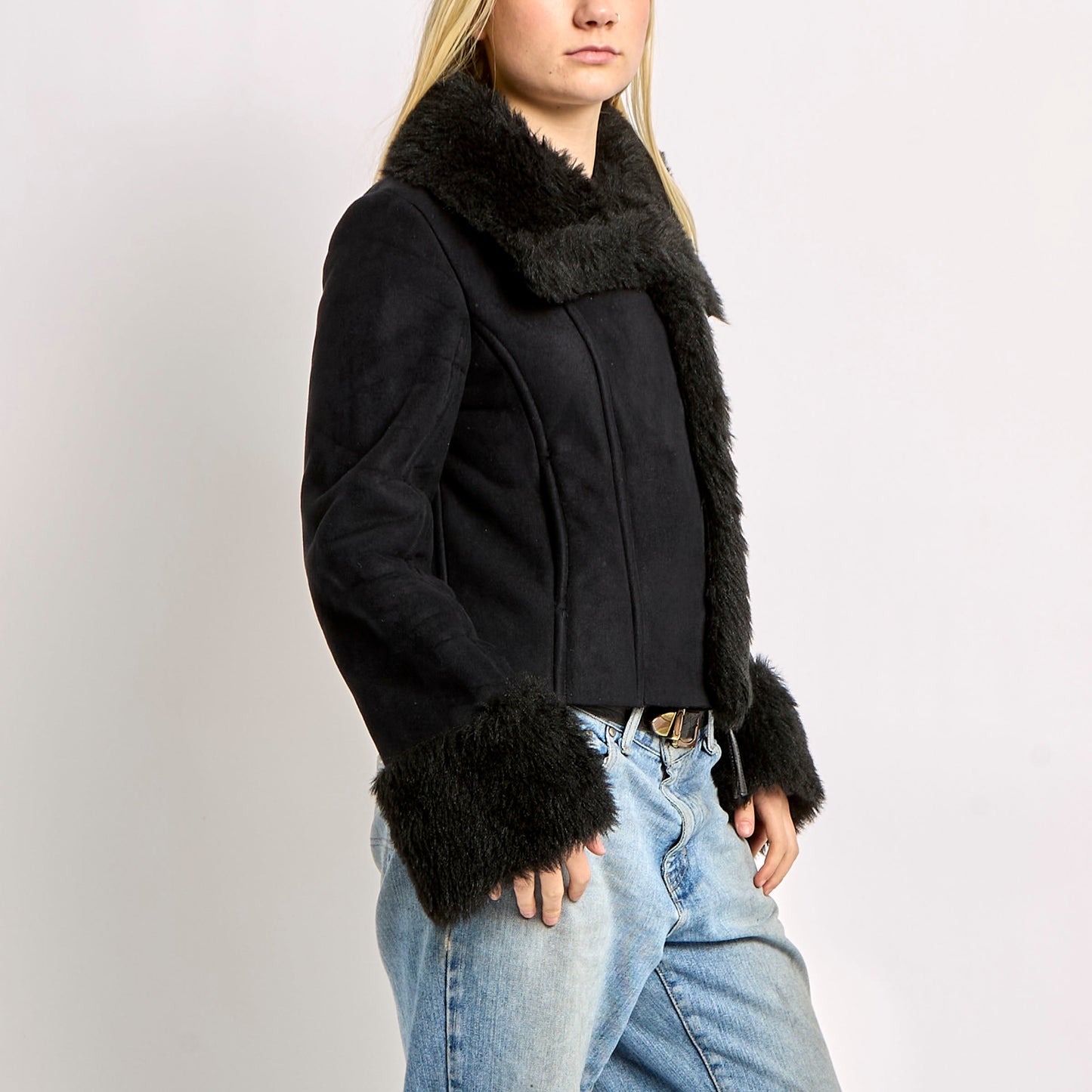 Fur Trimmed Jacket With Front Pockets - L