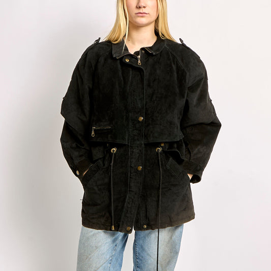 Long Suede Coat With Adjustable Toggles And Layered Detailing - L