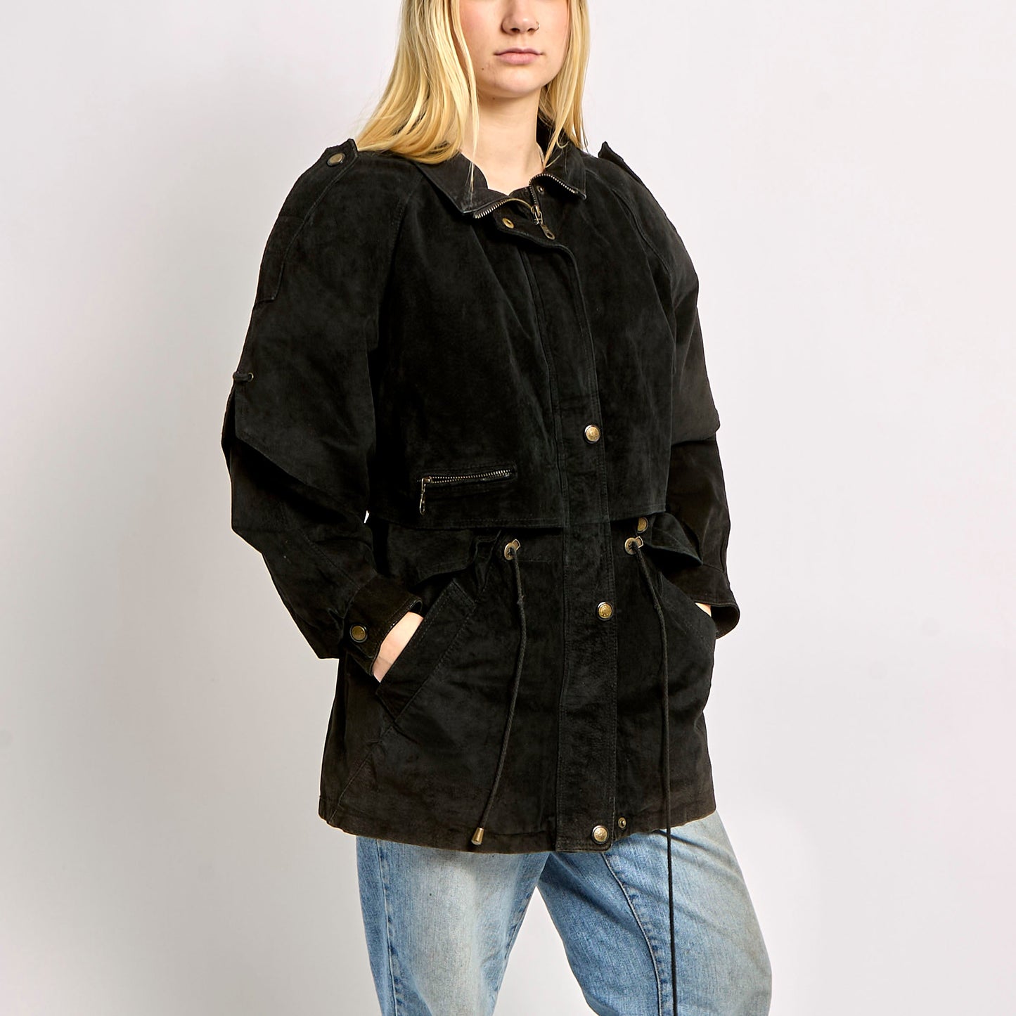 Long Suede Coat With Adjustable Toggles And Layered Detailing - L