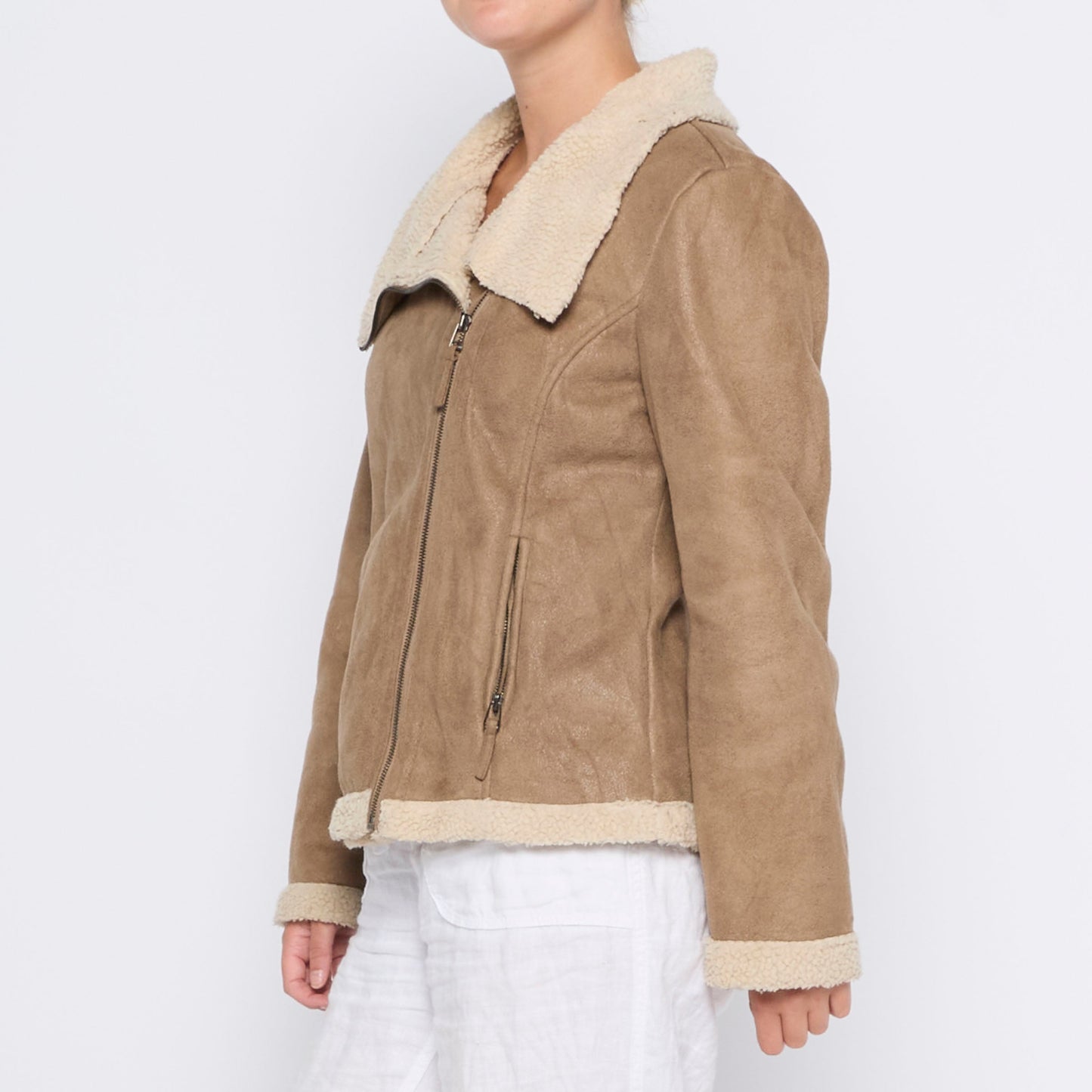 Fur Zip Up Faux Suede Jacket - L