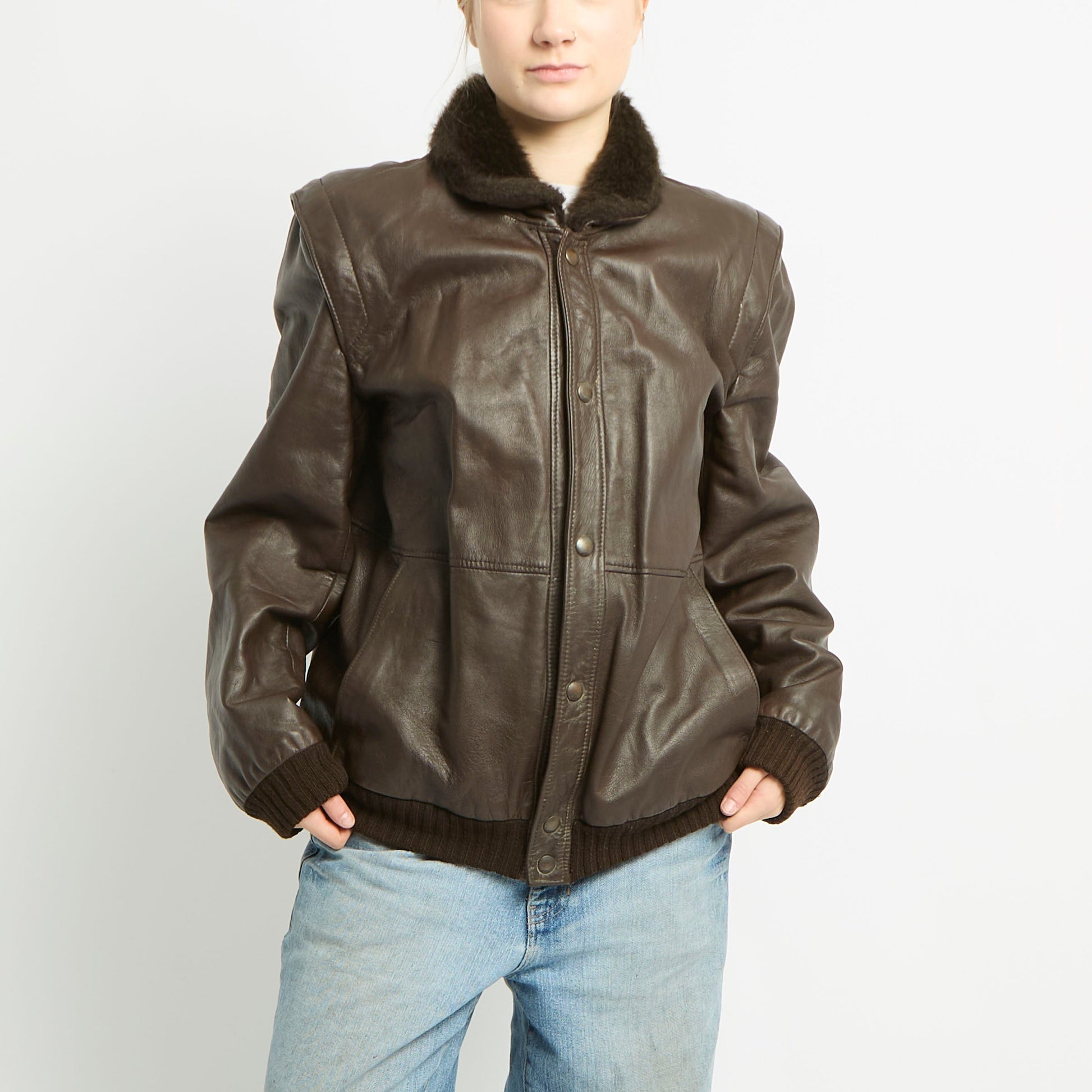 Leather Jacket With Fur And Ribbed Knit Detailing - L