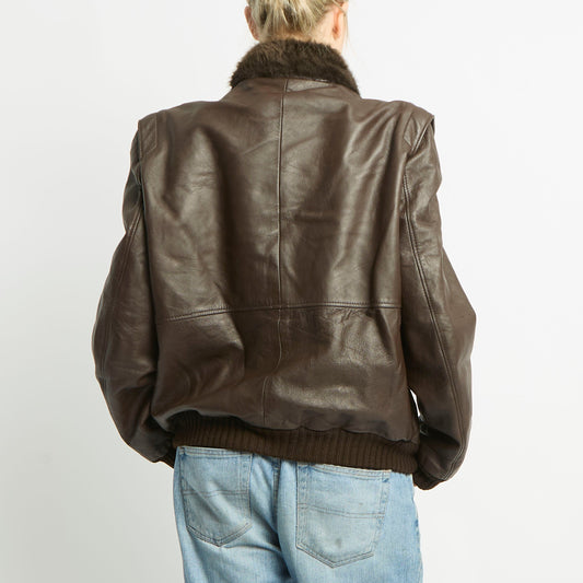 Leather Jacket With Fur And Ribbed Knit Detailing - L