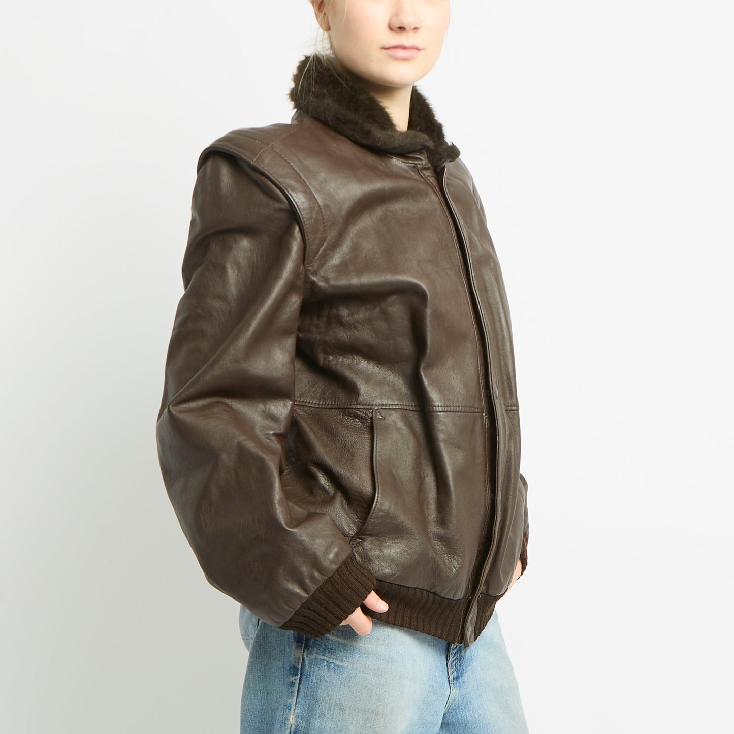 Leather Jacket With Fur And Ribbed Knit Detailing - L