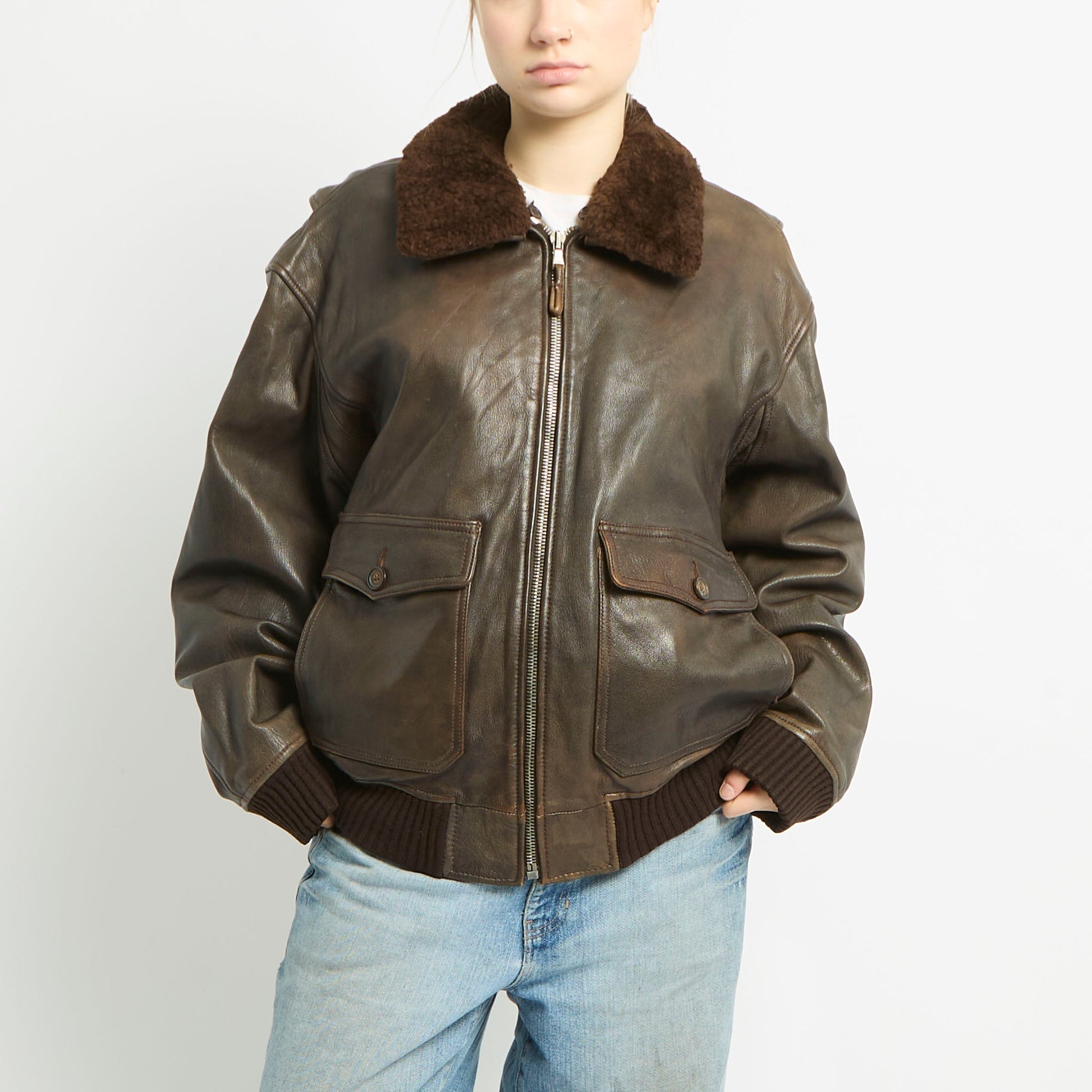 Detachable Fur Collared Leather Jacket - L