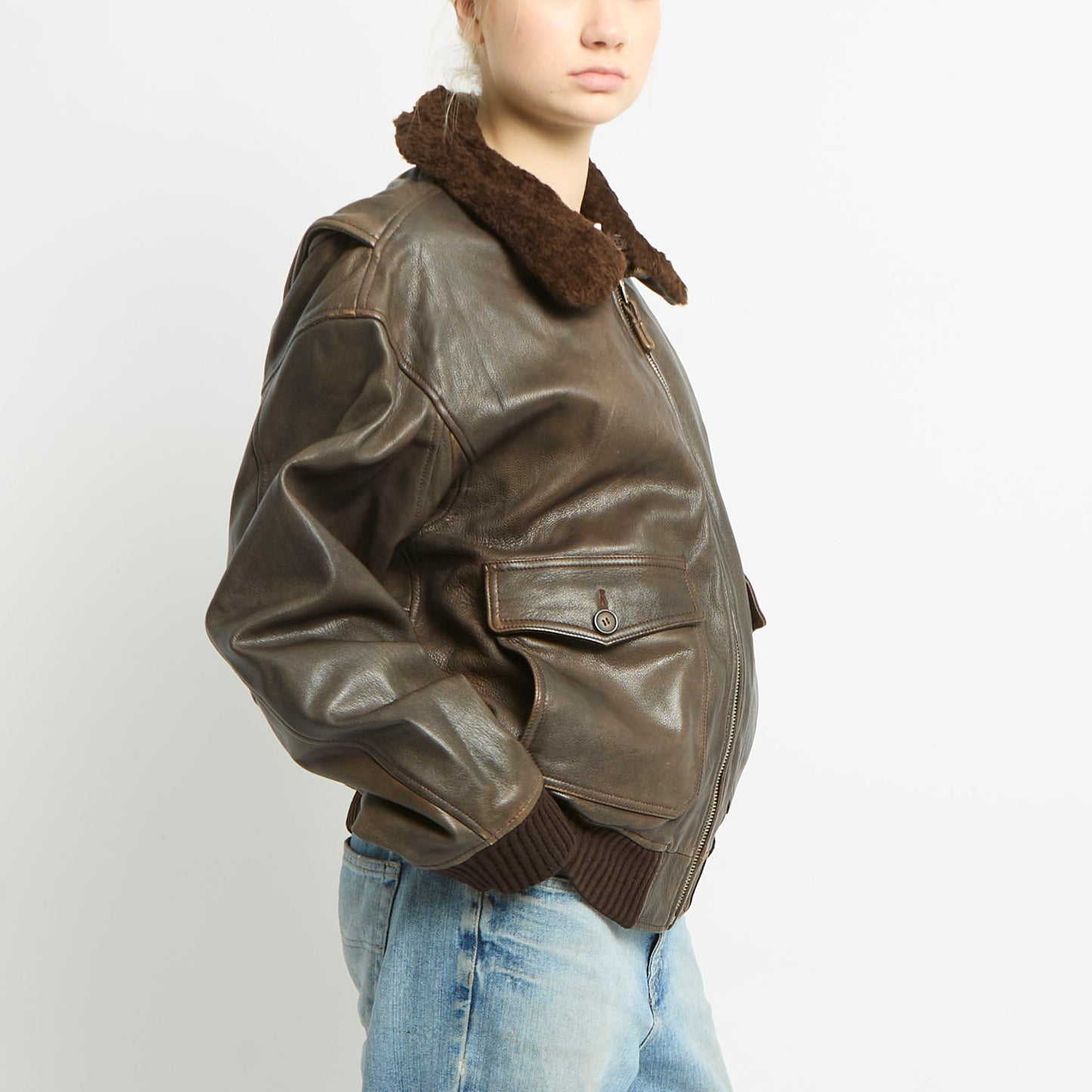 Detachable Fur Collared Leather Jacket - L