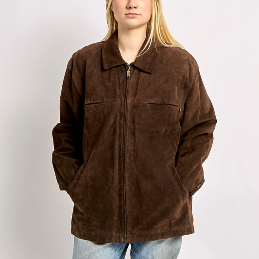 Long Suede Jacket With Front Pockets - L