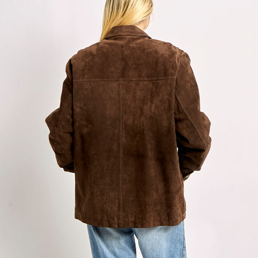 Long Suede Jacket With Front Pockets - L