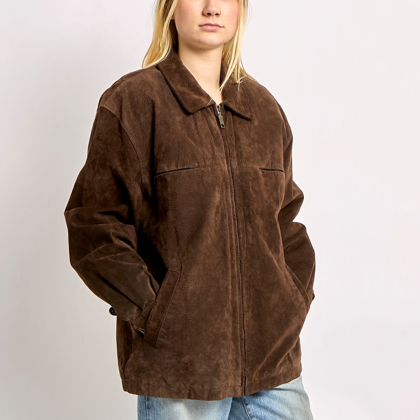 Long Suede Jacket With Front Pockets - L