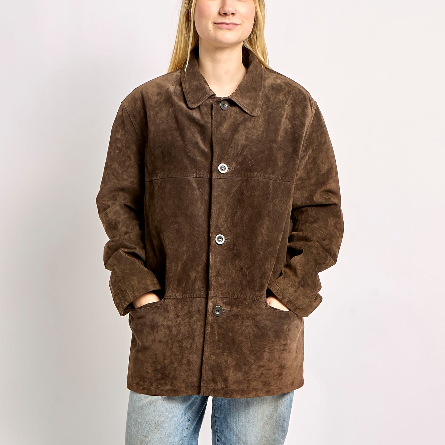 Suede Long Jacket with Front Pockets - L