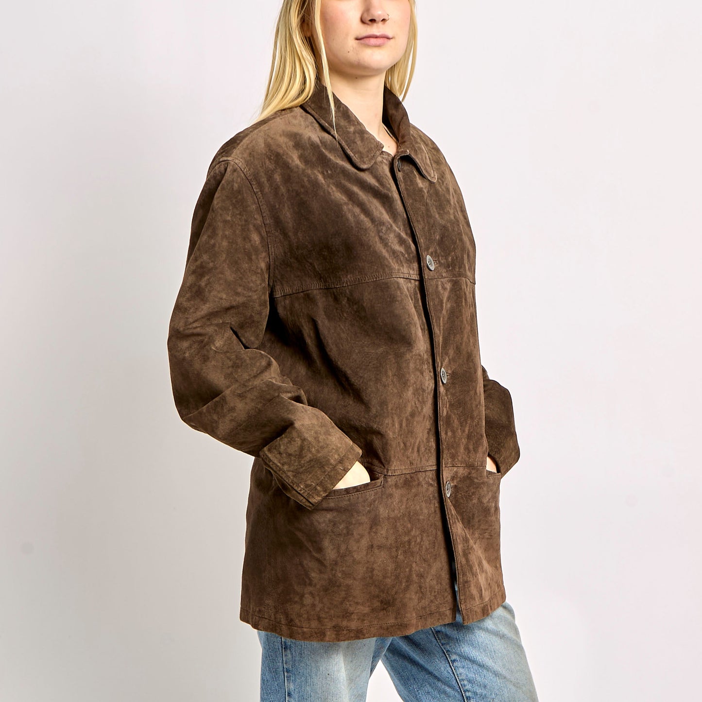 Suede Long Jacket with Front Pockets - L