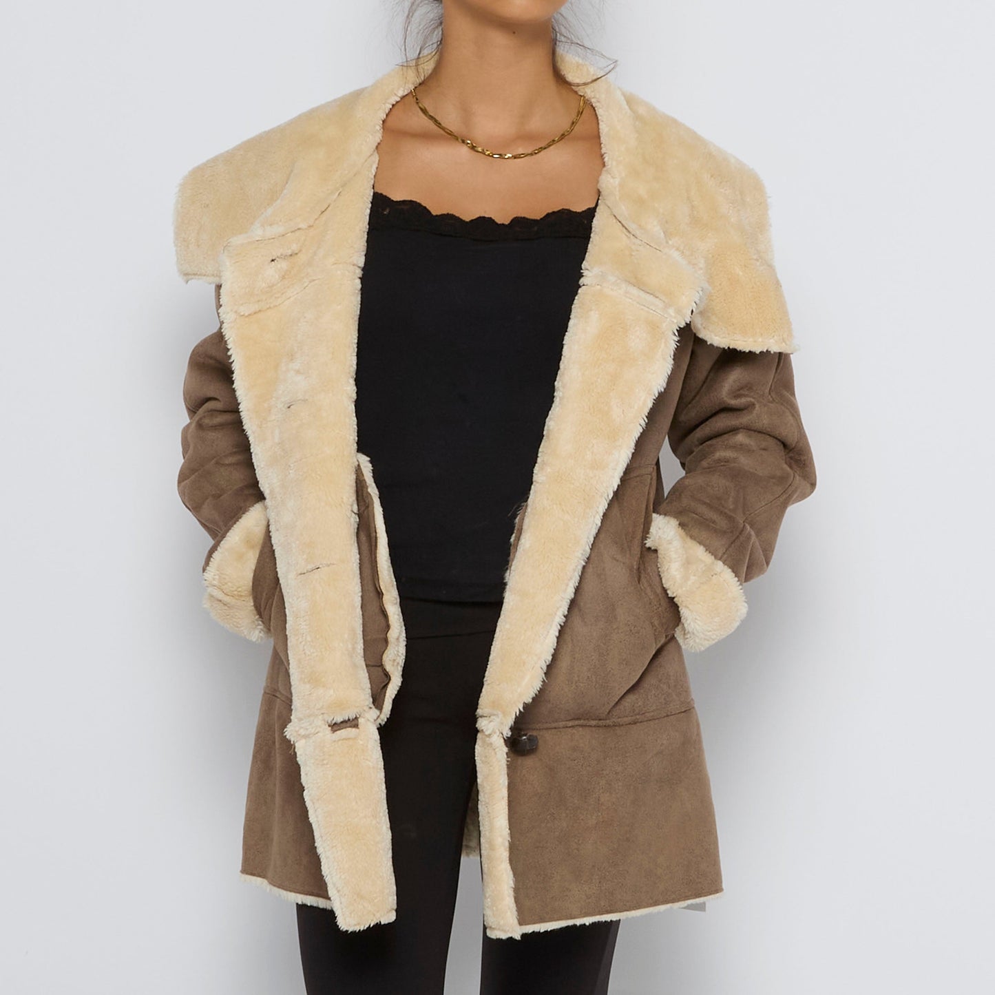 Button Up Fur Lined Suede Jacket - L