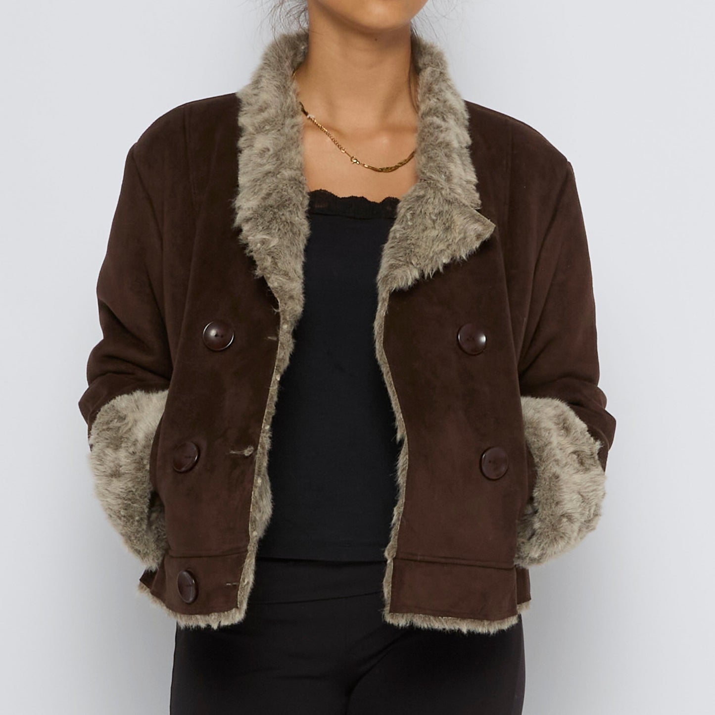 Button Detail Fur Lined Suede Jacket - L