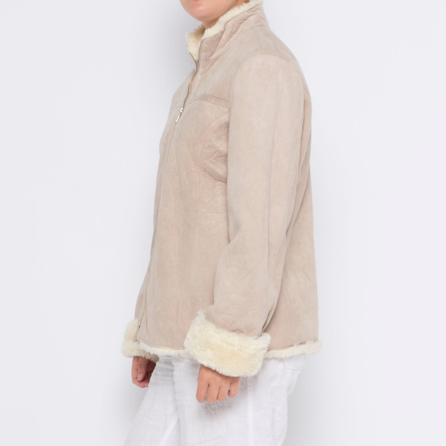 Faux Suede Borg Fur Trim Jacket - L