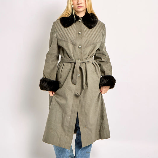 Fur Trimmed Long Suede Coat With Ornate Buttons - L