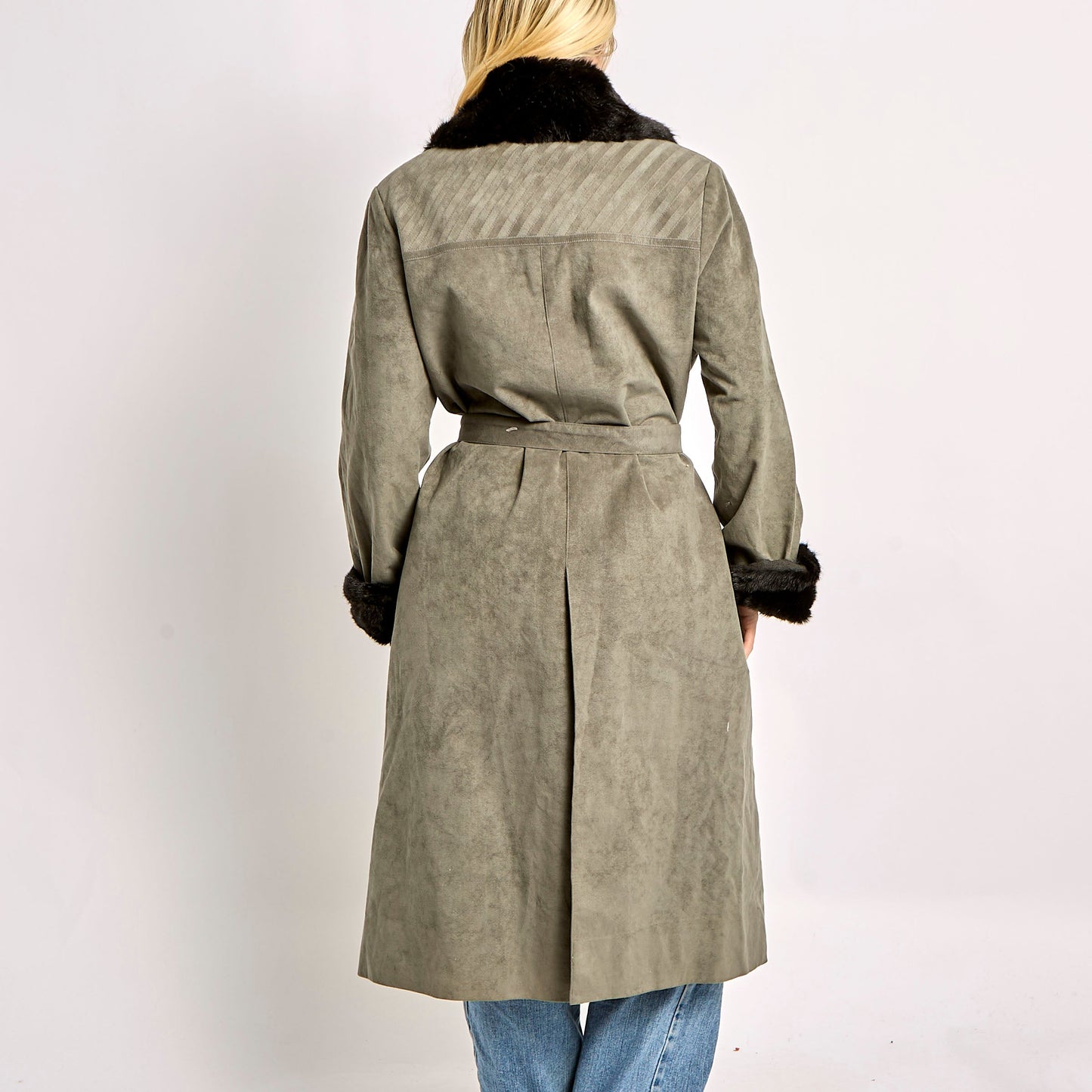 Fur Trimmed Long Suede Coat With Ornate Buttons - L