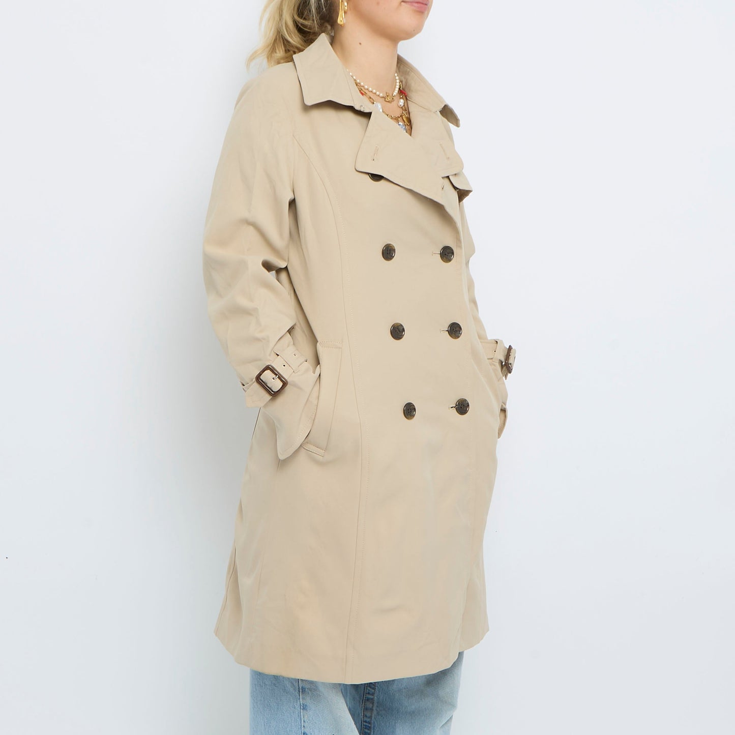 Short Double Breasted Belt  Buttoned Trench Coat - M