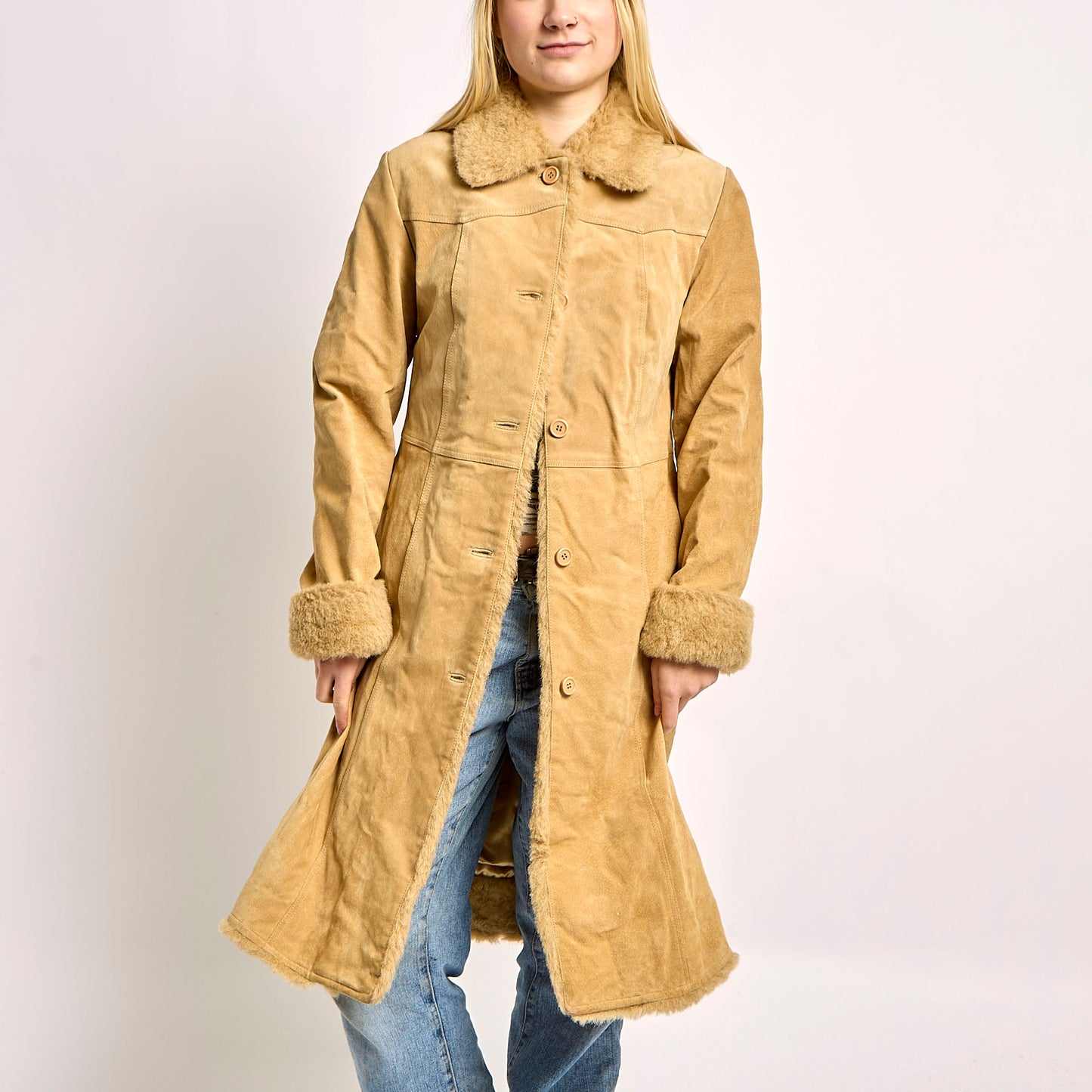 Fur Collared Suede Coat With Silk Lining - M