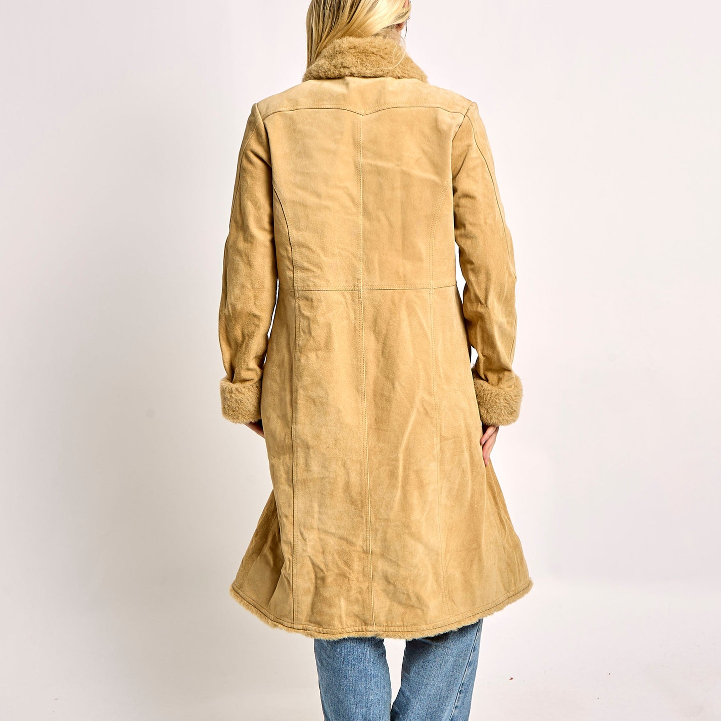 Fur Collared Suede Coat With Silk Lining - M