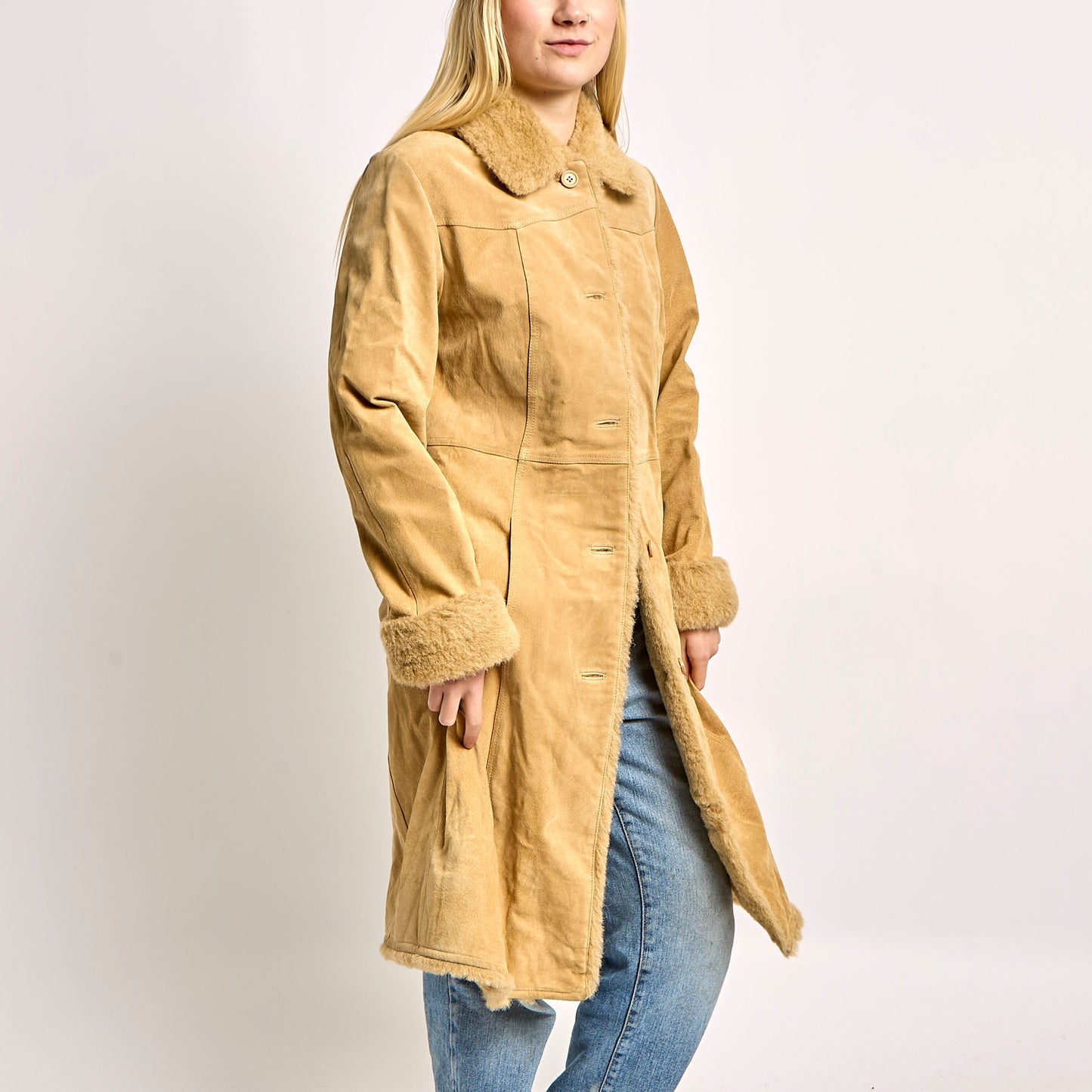 Fur Collared Suede Coat With Silk Lining - M