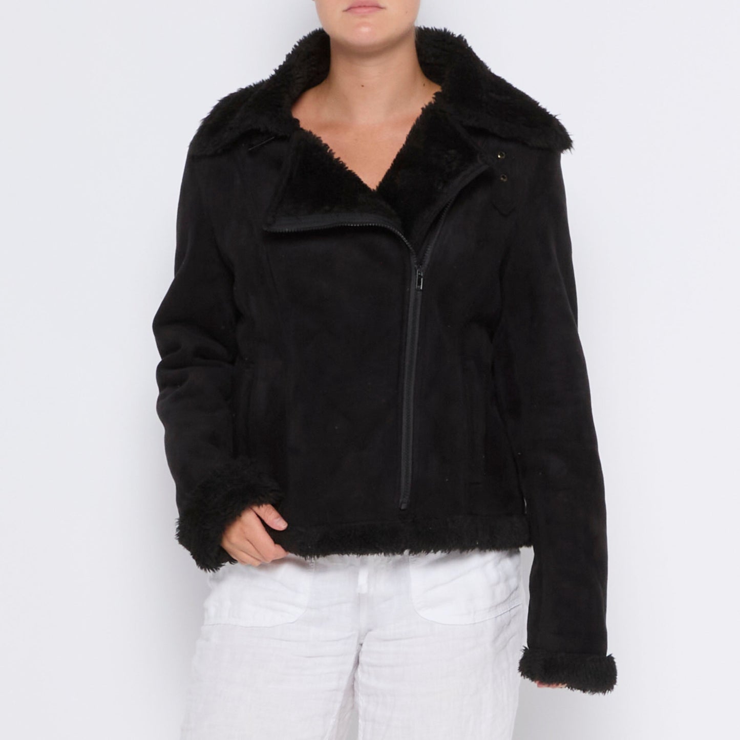 Side Zip Suede Fur Jacket - M